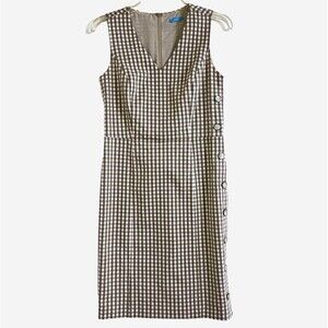 J McLAUGHLIN 4 White Tan Paulson Gingham Plaid Sleeveless Button Side Slit Dress